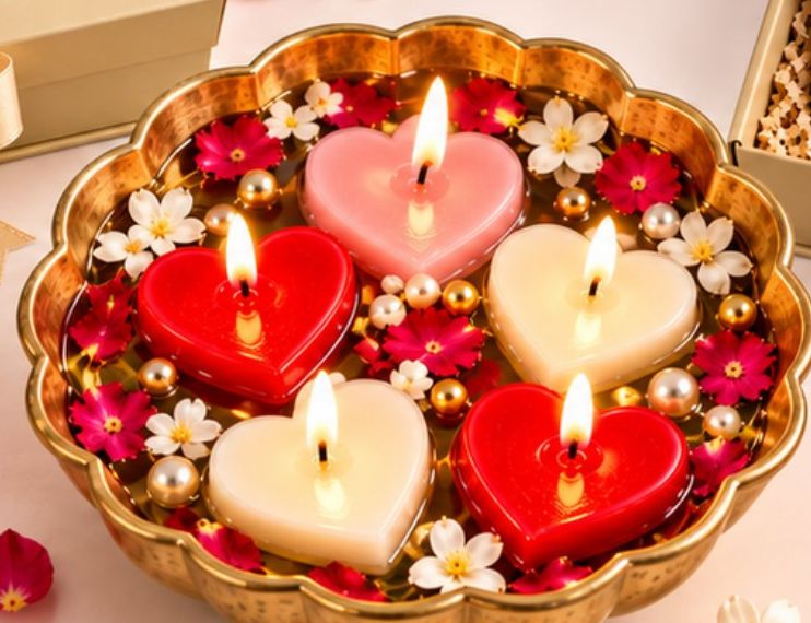 Lit heart candles from the Creste DIY Urli Floating Candle kit