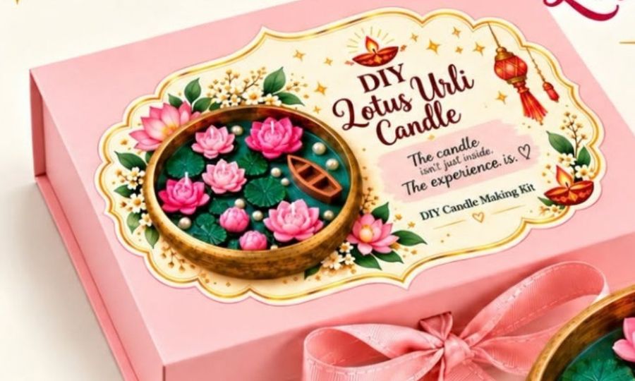 Creste Diwali gift box for a DIY Lotus Urli candle making kit, tied with a ribbon