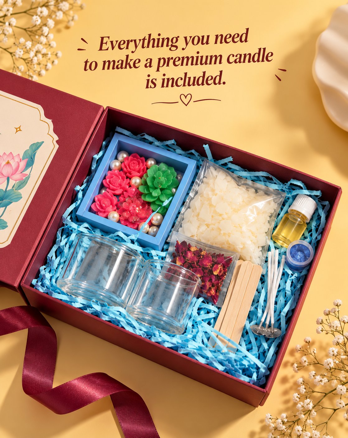 Open Creste DIY candle kit with wax flakes, wax flower toppers, pearls, dried rose petals, glass jars, wicks, fragrance oil, colour and stirring sticks