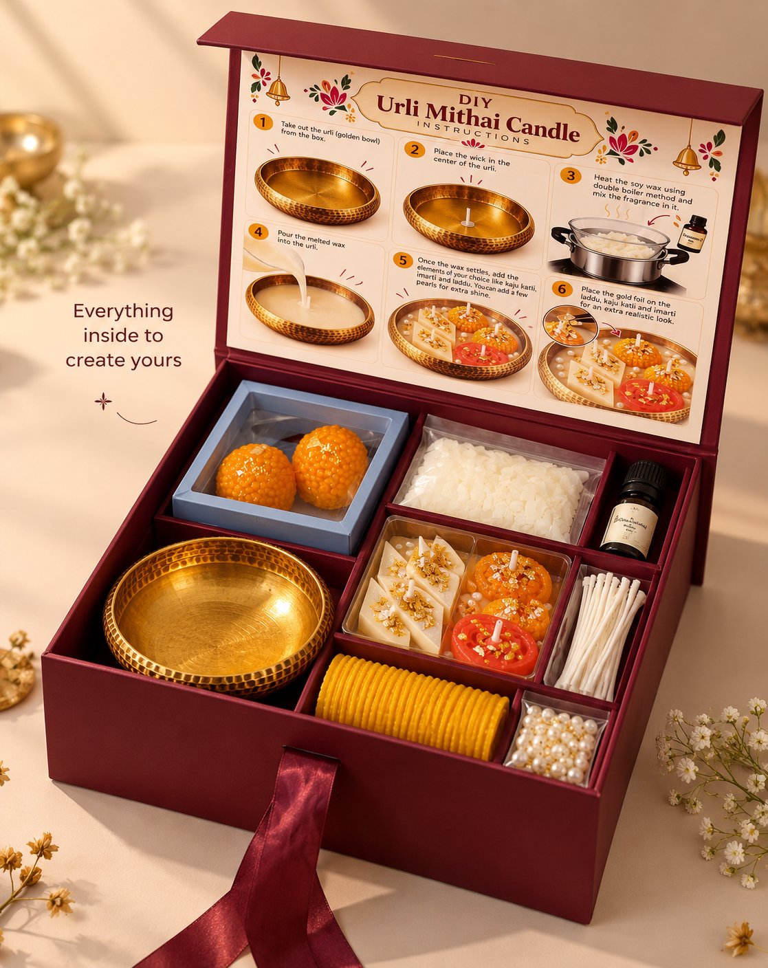 Open Creste DIY Urli Mithai Candle kit with the instruction card, brass urli, soy wax, laddoo and barfi candles, fragrance, wicks, pearls and wax sheets